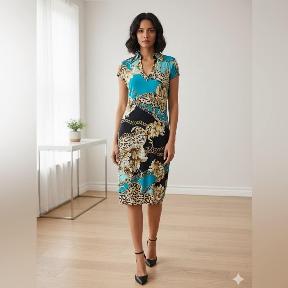 Cache Y2K Blue and Black Chain Print Dress Small